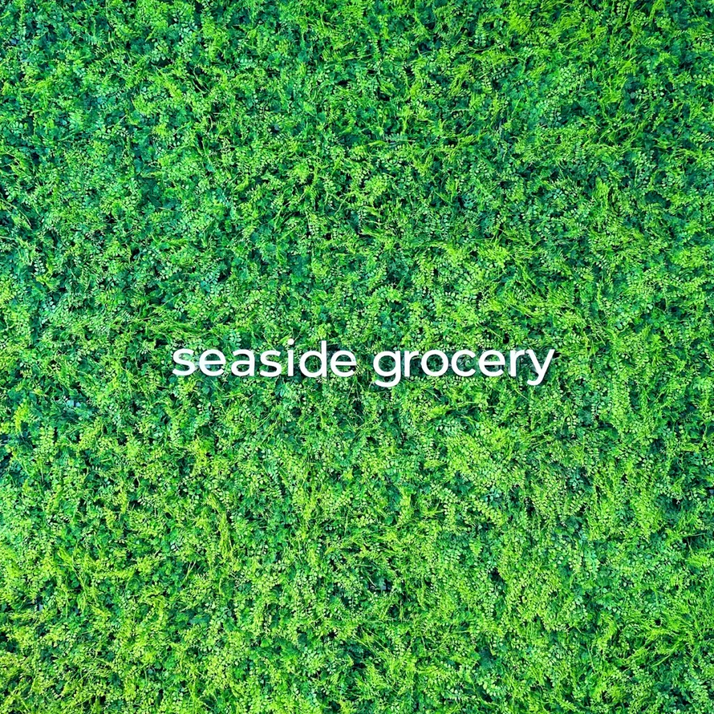 seaside grocery店内の緑のロゴ壁